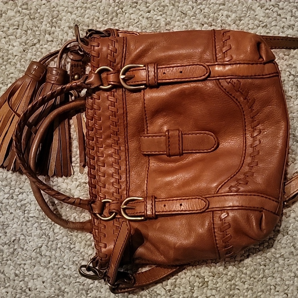 Isabella Fiore Tan Leather Woven-Trim Shoulder Bag with Tassel Accent - Picture 2 of 13